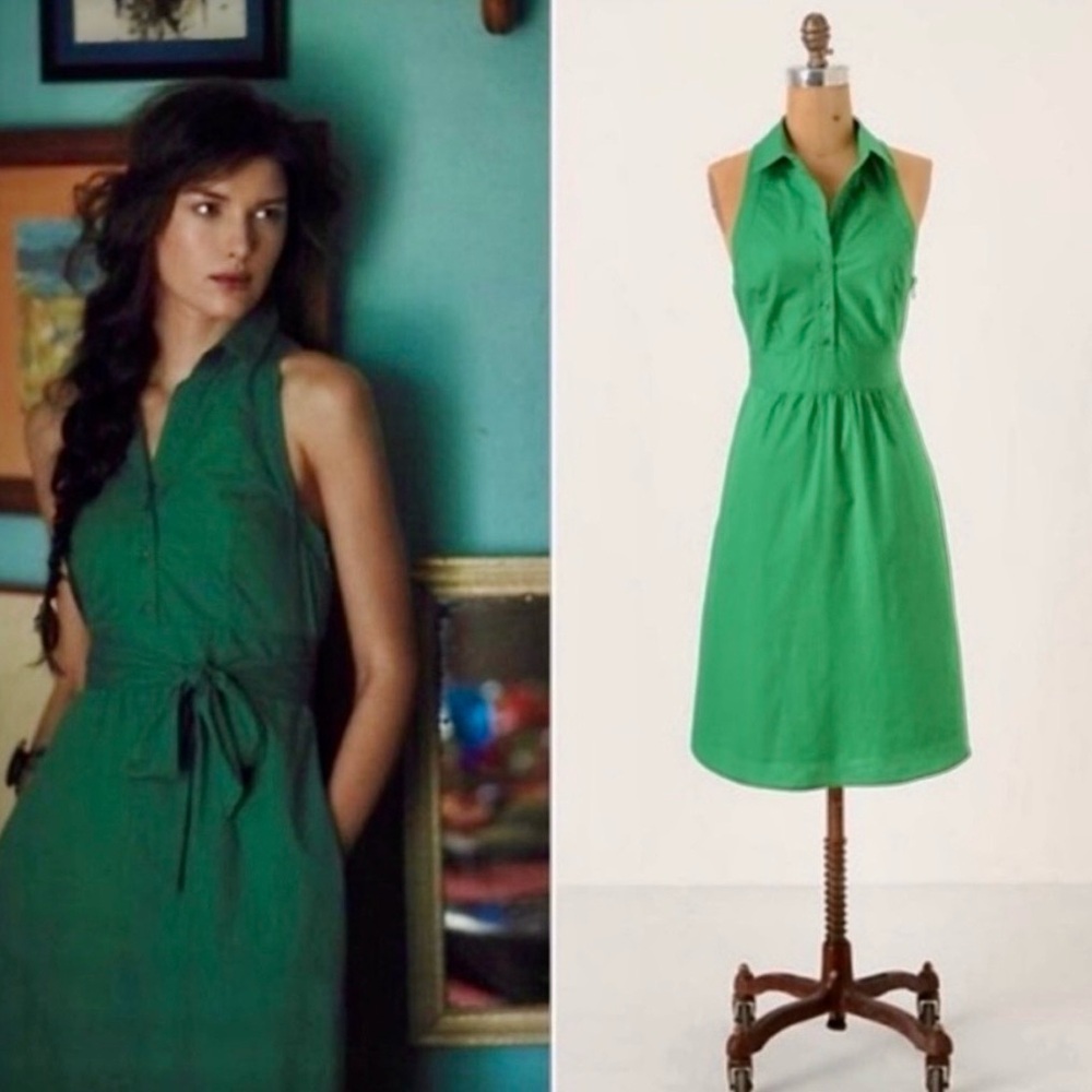 Anthropologie Green Sleeveless Collared Midi Dress
